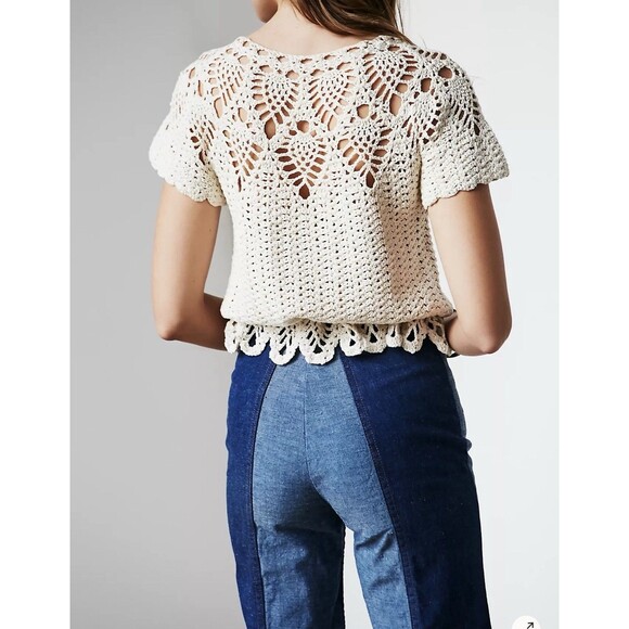 Free People Vintage 60s Crochet Cinched Waist Top Ivory RARE! - Picture 2 of 9